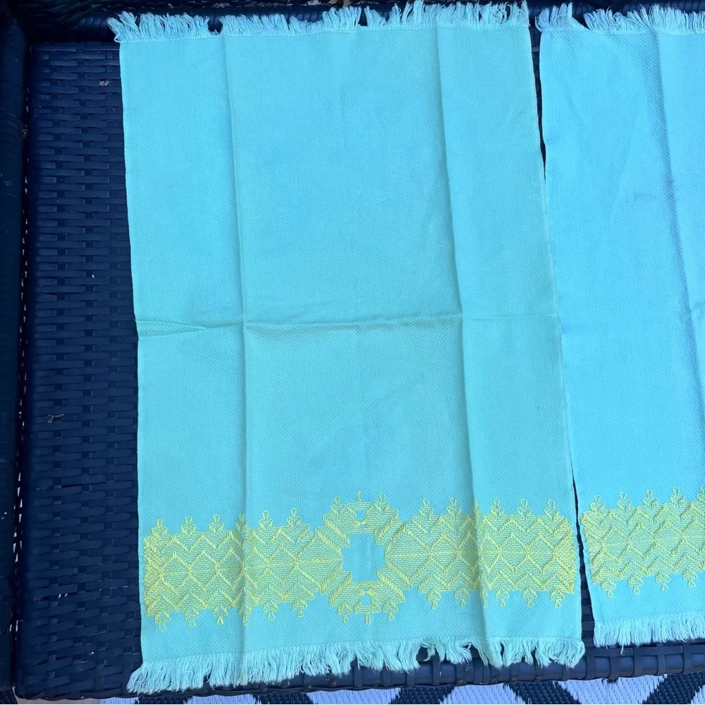 Two Vintage Tea Towels Cloth Aqua and Yellow Embroidered
